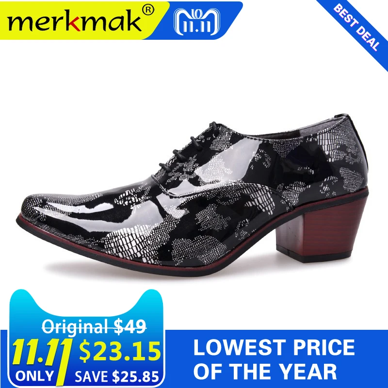 

Merkmak 2018 Fashion Men Dress Shoes High Heels Italian Leather Oxford Shoes Man Pointed Toe Shoes Wedding Formal Party Nighclub