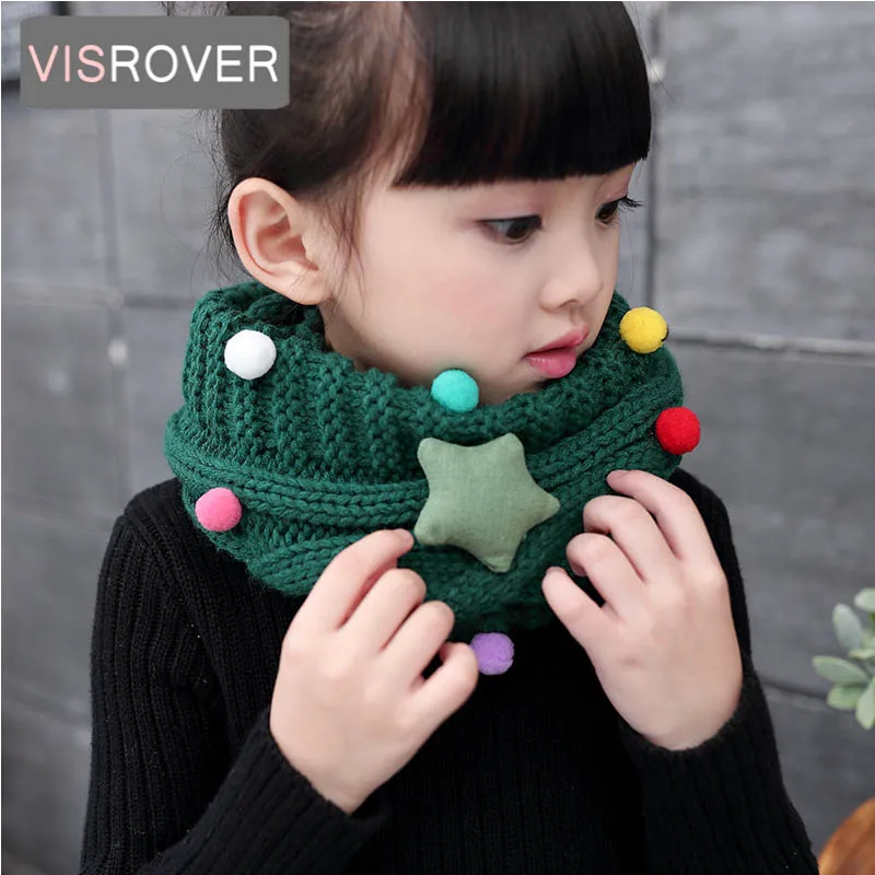 

Visrover 2018 NEW Winter Girls Scarf Colorful Pompom Ball Warm Thick O Ring Knitted Wool Children Scarves Kids Collars