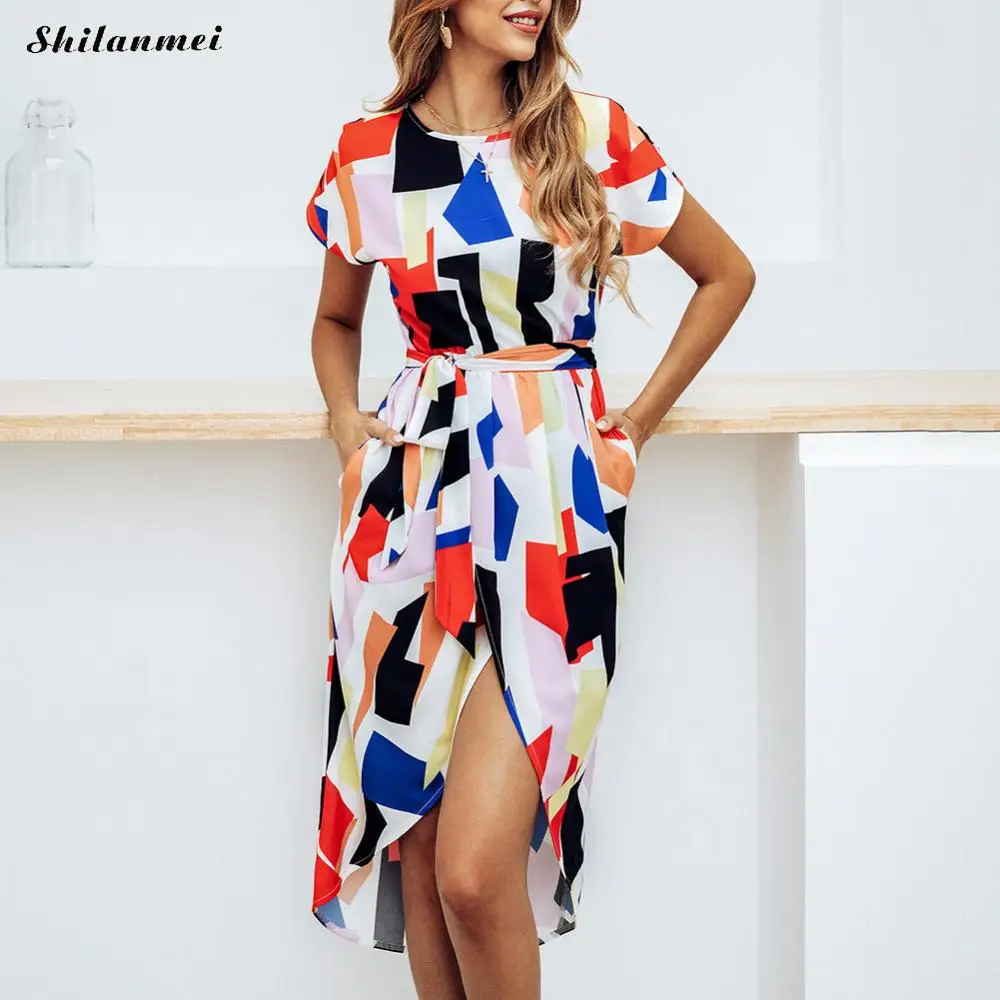 Women Dress Ladies Leopard Striped Geometric Print Dresses Sexy Women Short Sleeve Midi Dress Womens Dresses High Split Party