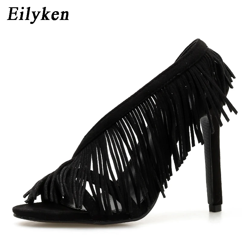 

Eilyken 2019 New Women Gladiator Thin Heels Sandals Ladies Shoes Slip-On Sandal Fringe Sandals Women Footwear Black size 35-40
