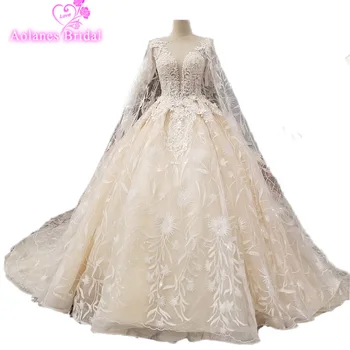 

Vintage Lace Crystal Beaded Wedding Dresses With Cape Champagne Long Formal Bridal Wedding Gowns 2018 New Design Custom Made