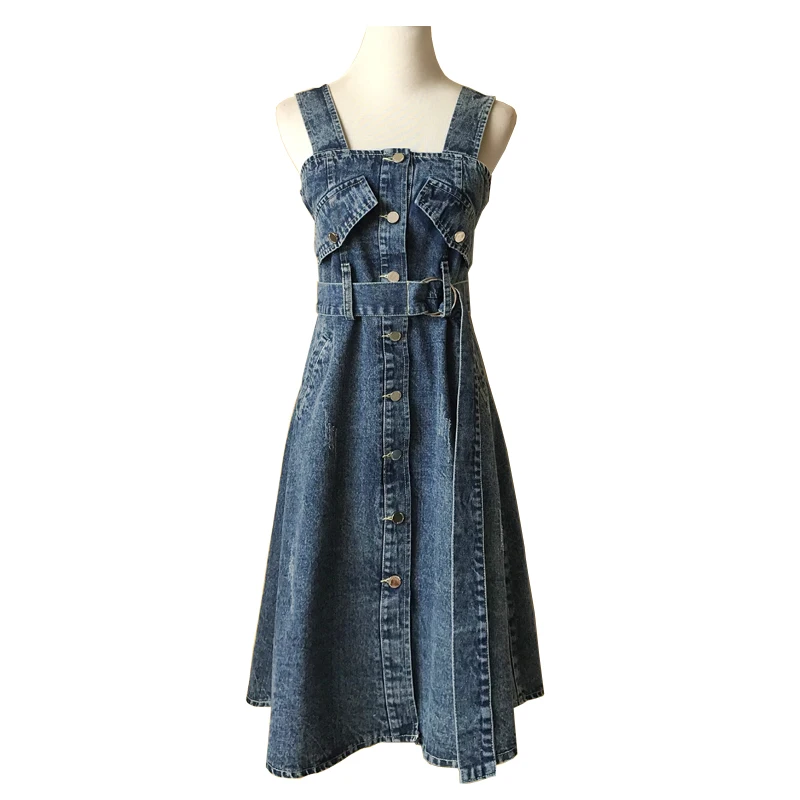 

PERHAPS U blue denim jeans solid sleeveless tank slash neck button sash midi dress a line summer D0592