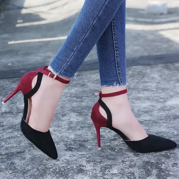 

2019 autumn new fashion simple color matching high heels suede comfortable pointed toe sexy style fine heel high heels