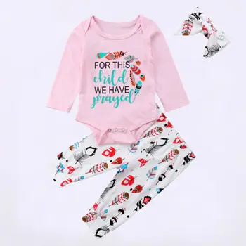 

Baby Girl Letter Bodysuit Long Pants Clothes Set Feather Print Long Sleeve Pink Newborn Outfits Organic Baby Girls Clothes