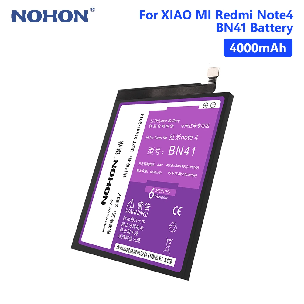 

NOHON BN41 Battery For Xiaomi Redmi Note 4 4X MTK Helio X20 Lithium 4000mAh Rechargeable Phone Batteries Free Tools