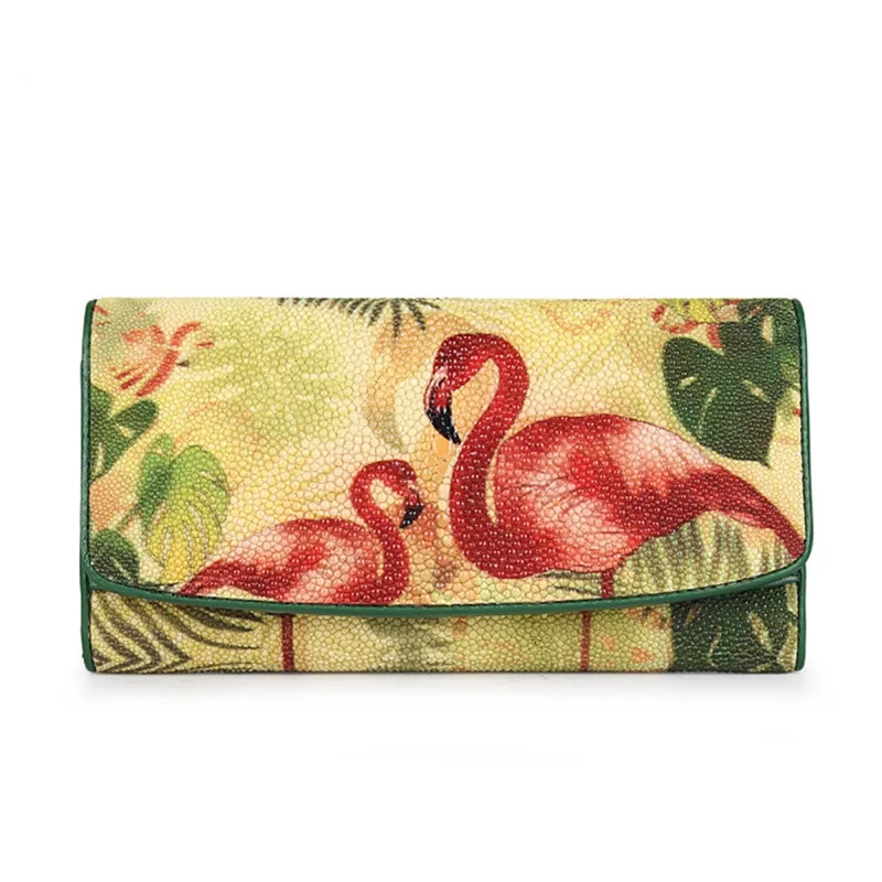 

Fancy Printing Female Flamingo Purse Genuine Stingray Skin Lady Long Trifold Card Wallet Exotic Leather Women Large Phone Clutch