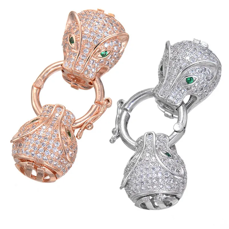 

Copper Double Leopard Head Lock Spring Clasps Micro Pave Zircon Beads Metal End Clasps For Jewelry Connectors CHFC19