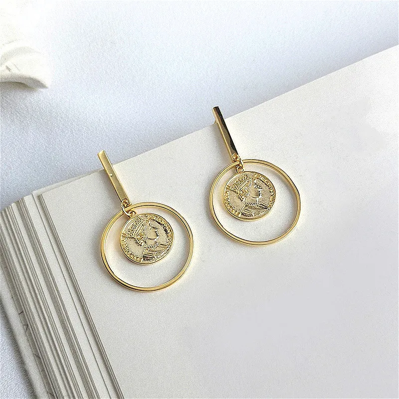 

Fengxiaoling New Fashion 925 Sterling Silver Golden Silver Coin Drop Earrings For Women European Style Portrait Earings Jewelry