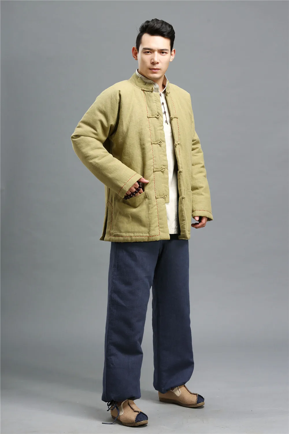 Осень Зима 2 цвета винтажные хлопковые льняные мужские пальто одежда на Хлопчатобумажной Подкладке вышивка нитью внешняя куртка-парка