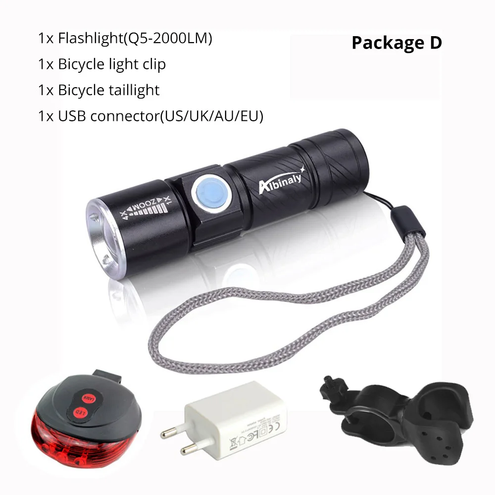PackageD(Q5) USB Перезаряжаемый велосипедный светильник 3 светильник ing mode мини светодиодный светильник для велосипеда Водонепроницаемый зум аксессуары для велоспорта костюм для ночной езды - Цвет: PackageD(Q5)
