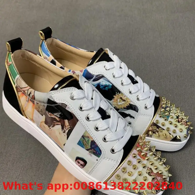 

Low Cut Leisure Sport Shoes Lace Up White Portrait Patent Leather Rivets Front Red Bottom For Men Sneakers Flat Loafers