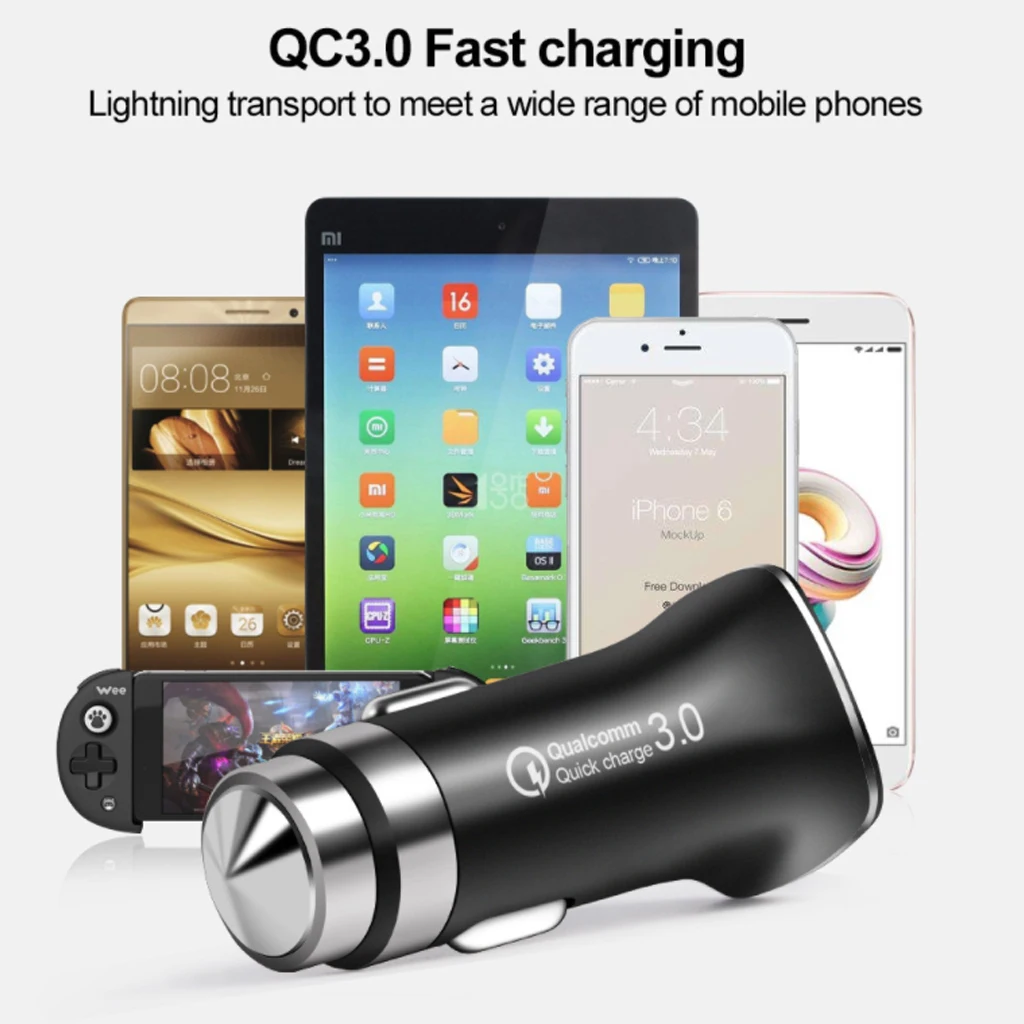 QC3.0 автомобильное крепление Зарядное устройство Зажигалка слот с Портативный молоток безопасности 9V 12V умная быстродействующая зарядка 3,0 для мобильного телефона