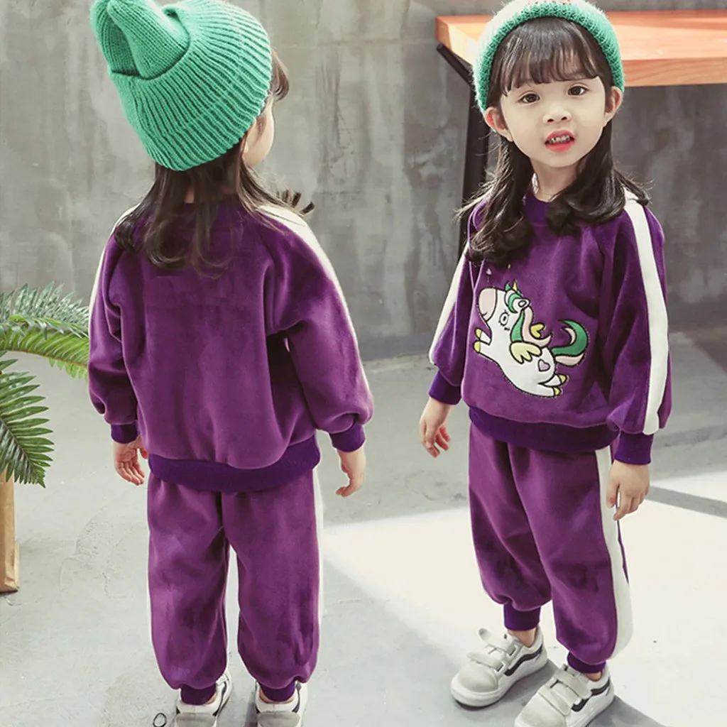 

Girl Boy Tops Pants Outfits Set Toddler Baby Horse Stripe Thick Warm Pullover Clothes Tracksuit Suits For Girls Clothing Sets