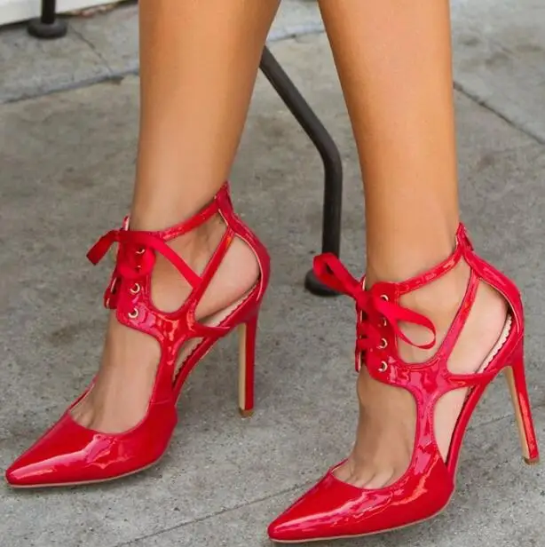 

Drop Shipping Hot Woman Solid Red Black Patent Leather Zipper Back Lace Up Front Cuts Out Thin Heels Party Pumps Shoes Lady Shoe