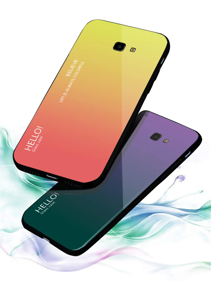 Tempered Glass Case for Samsung Galaxy J4 Plus J4+ Gradient Color Hard Back Cover Soft Silicone Bumper For Samsung J4 Plus Case