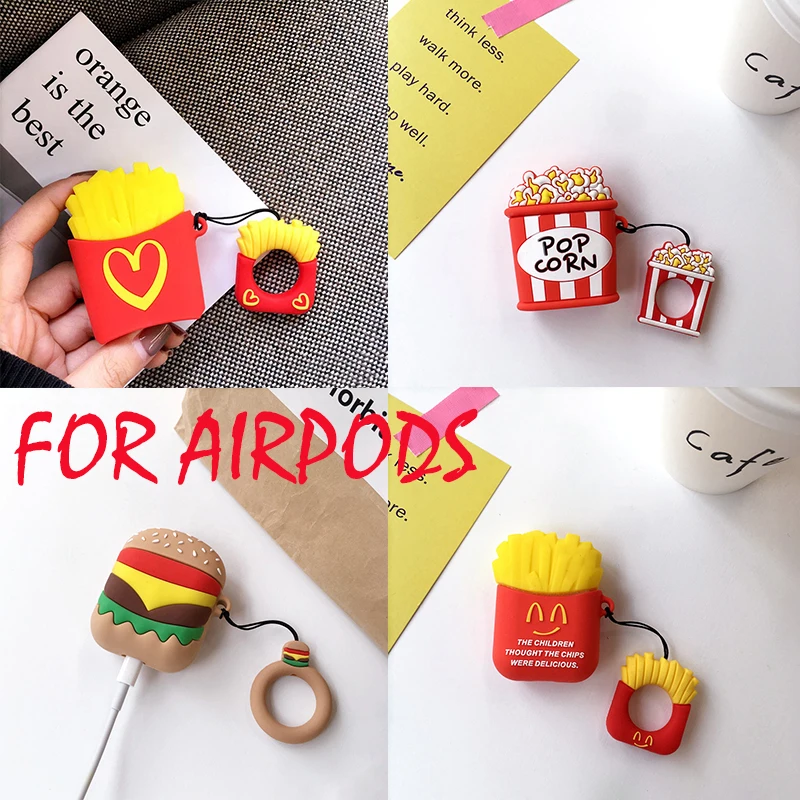 

For Airpods 2 Silicone Protective Case For AirPods Hamburger Popcorn Bluetooth Earphone Charger Box Cover Anti-lost Lanyard Gift