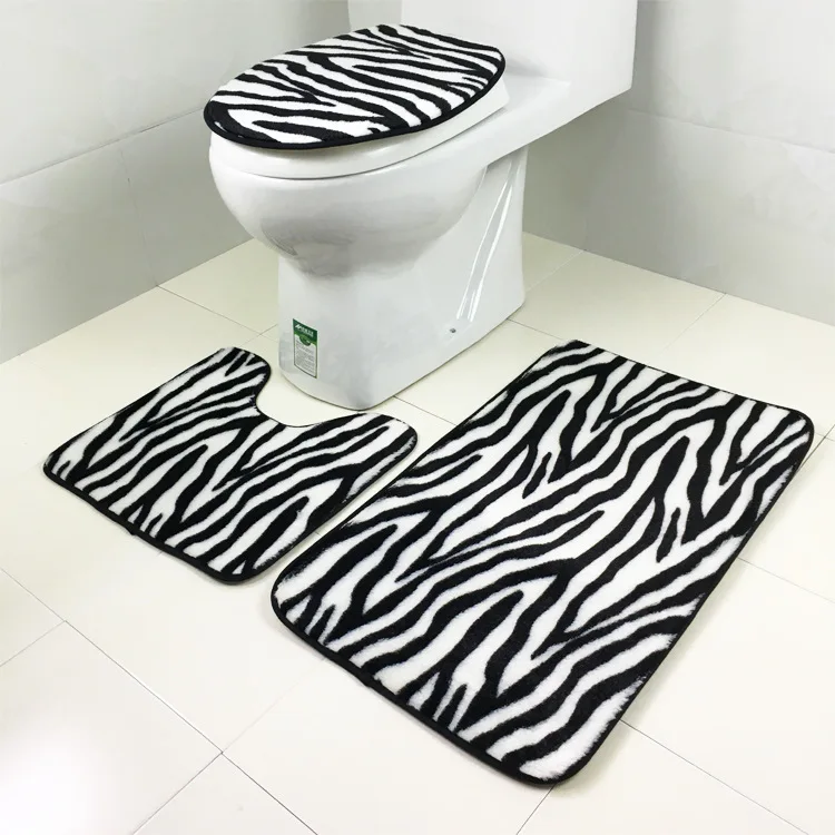 

A 3pcs/set Zebra Striped Animal Pattern Leopard Bathroom Set Carpet Absorbent Non-Slip Pedestal Rug Lid Toilet Cover Bath Mat