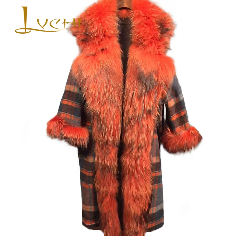 LVCHI Charming Noble Raccoon Dog Fur Coat Autumn Winter Thick Warm
