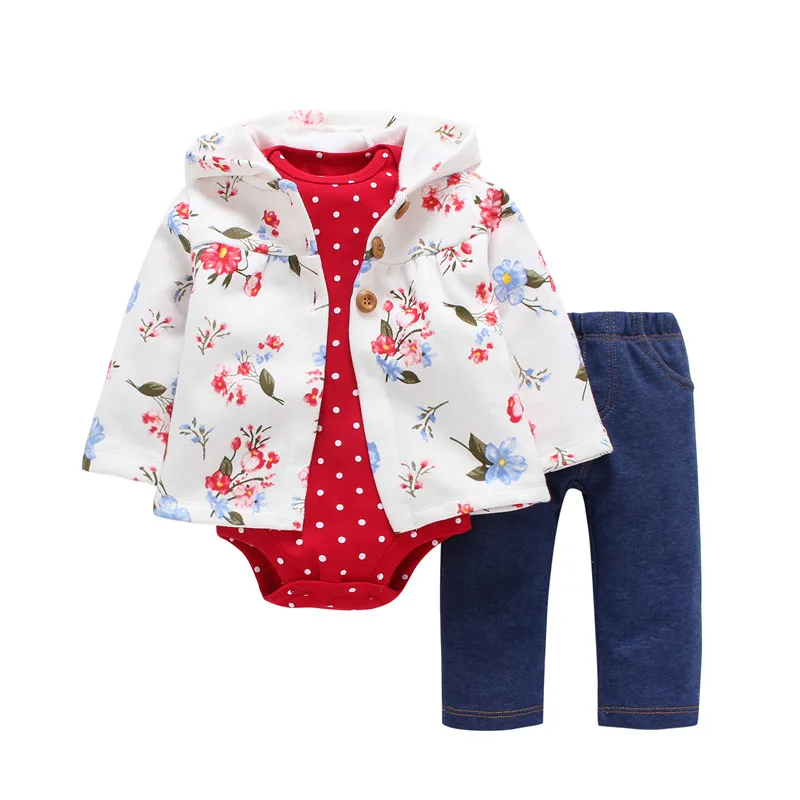 Newborn Baby boy Girls 3 Pieces Set Clothes Hooded Zipper Full Sleeve Open flowers Coat+Full Sleeve Bodysuits+Pants