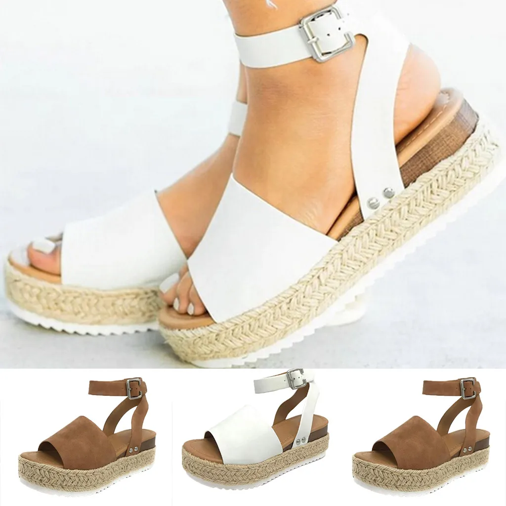 

Women Sandals Casual Ladies Rubber Sole Studded Wedge Buckle Ankle PU Leather Strap Open Toe Summer Female Leisure Sandals T9#