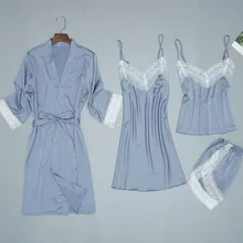 Женская домашняя одежда пижамы 4 шт ремень Топ и штаны костюм пижамы наборы женская ночная сорочка соблазнительное кимоно сна халат ночная рубашка