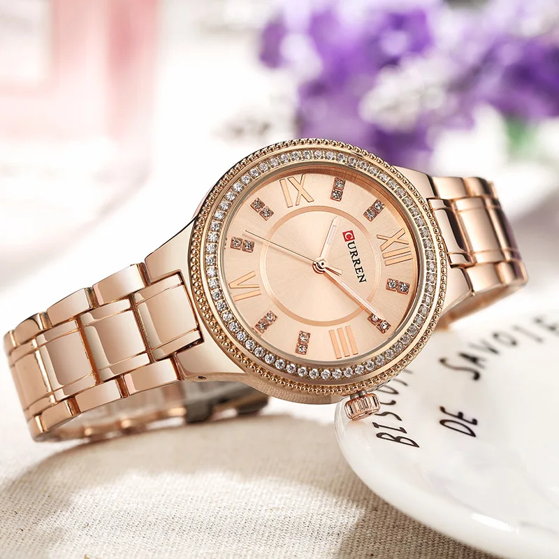 CURREN женские часы, женские роскошные брендовые Кварцевые черные женские наручные часы с браслетом, водонепроницаемые женские часы