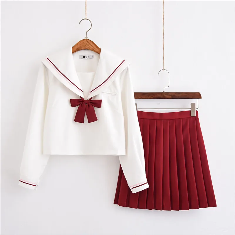 UPHYD Новый красный японский/Корея школьниц Униформа с длинным рукавом белая рубашка + красная юбка для школьной формы S-XL