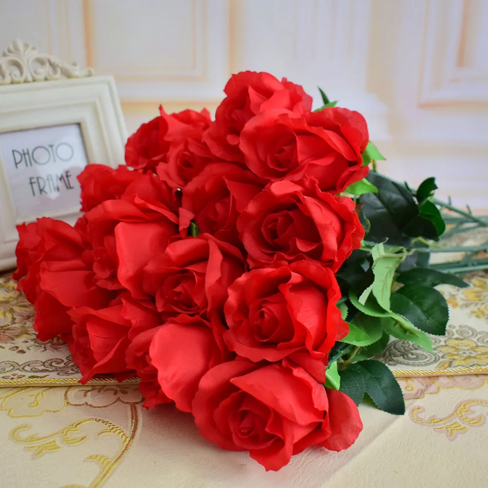 17 шт. искусственные цветы, шелковые розы для дома, вечерние, свадебные, новогодние украшения подарки, синий, розовый, белый, фиолетовый, красный - Цвет: A red