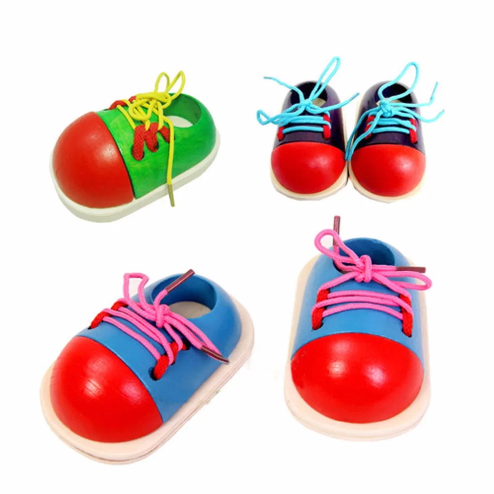 

Fashion Kid Montessori Educational Toy Children Wooden Toys Toddler Teaching Aids Baby Gifts 1 Pair Lacing Shoes Early Learning