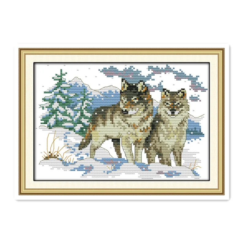 Cross-stitch animal wolf cub suit pattern handmade DIY snow winter furniture fabric sewing embroidery painting | Дом и сад