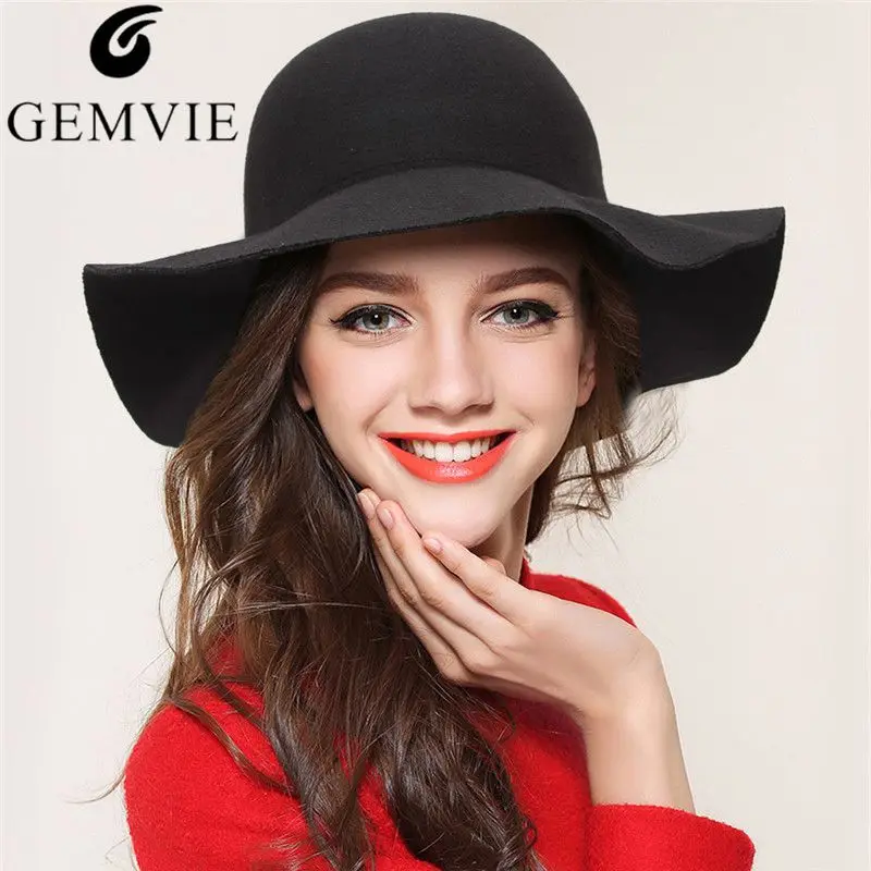 Elegant Women's Hat Floppy Wide Brim Wool Fedoras Flodable Autumn