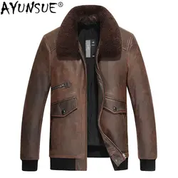 AYUNSUE для мужчин's пояса из натуральной кожи куртка Осень Зима куртка мужчин конской куртки ягненка меховой воротник короткое пальт