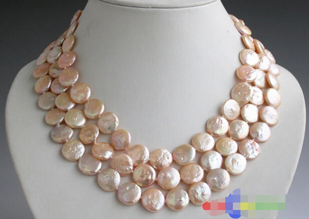 

3row 14mm pink coin freshwater cultured pearl necklace ^^^@^Noble style Natural Fine jewe FREE SHIPPING