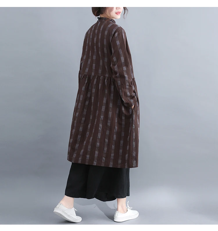 Dresses Women Dress Plus Size Long Sleeve Spring Summer Knee Length Casual Plaid Blouse Shirt Cotton Linen Dress Women 2019 5