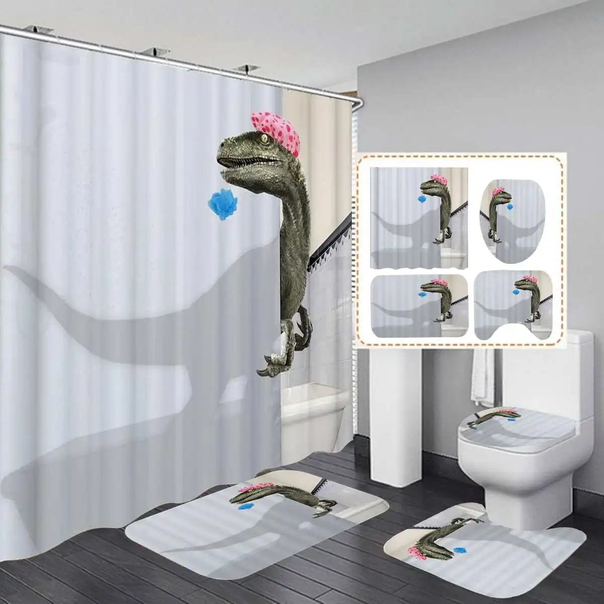 

Dinosaur Style Printing Polyester Fabric Bathroom Curtain Waterproof Fabric Shower Curtain Anti-slip Mats Toilet Cover Set