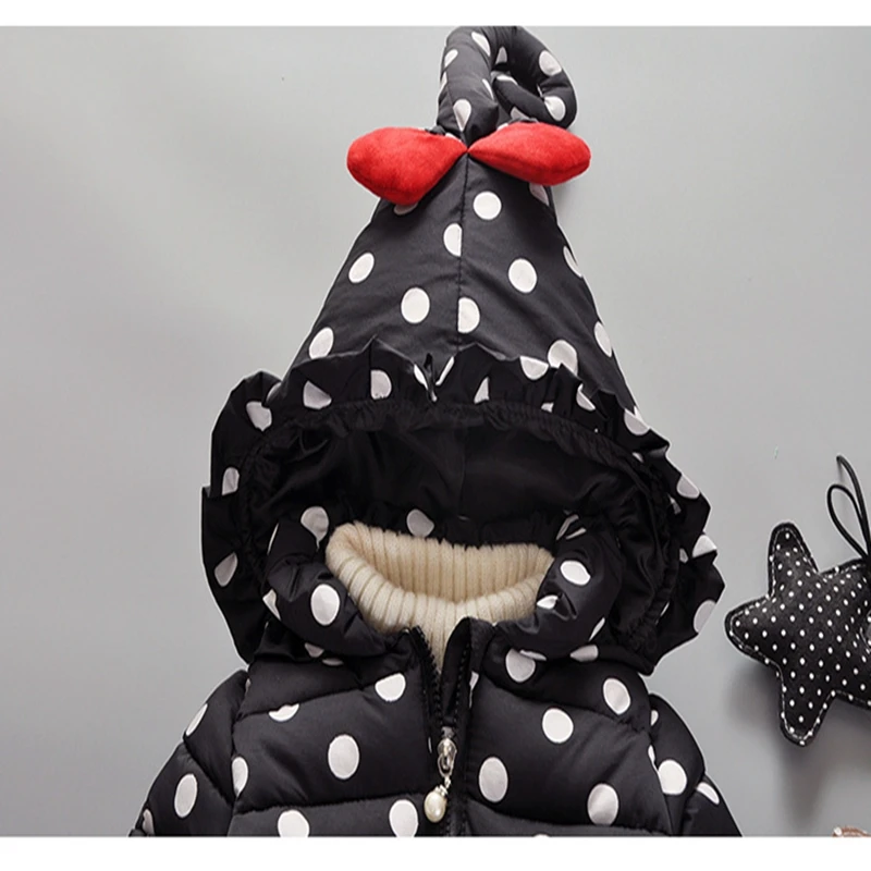 Baby girl Coat In Winter Zipper hooded Polka dot long tail hat Bow-tie pockets  cotton-padded jacket for Kids Children warmed up (4)