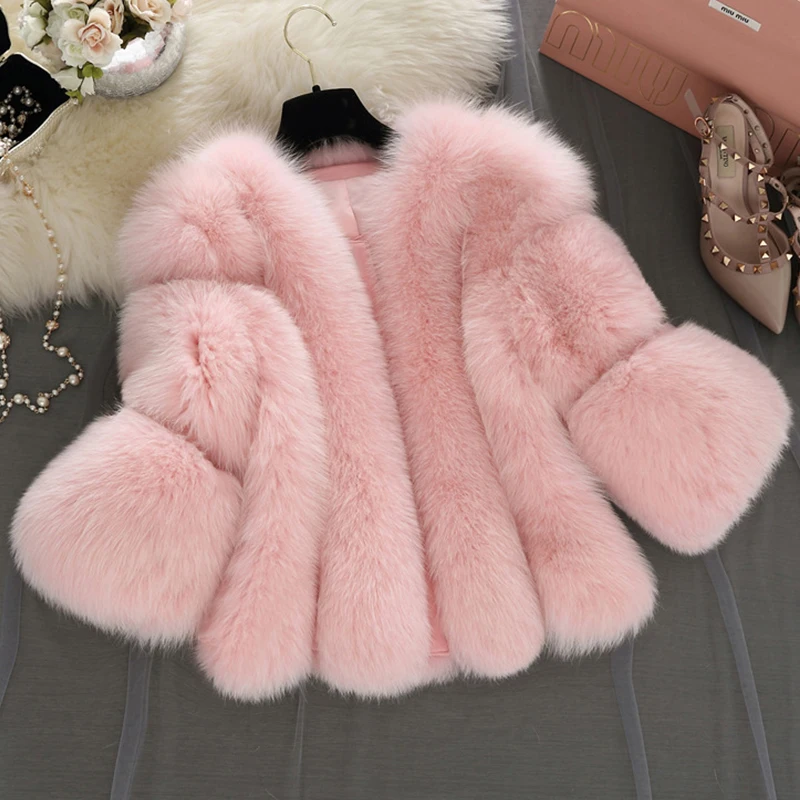 Новое зимнее розовое меховое пальто Женская мода меховые Шубы из искусственного лисьего меха искусственный мех короткая серая куртка искусственный мех жилет черный PC237