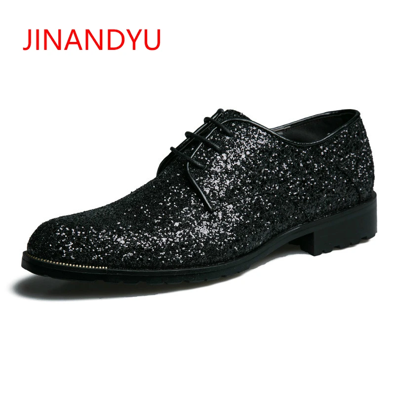 Men's Shinning Sequins Patent Leather Wedding Brogues Lace Up Dress Formal Shoes 