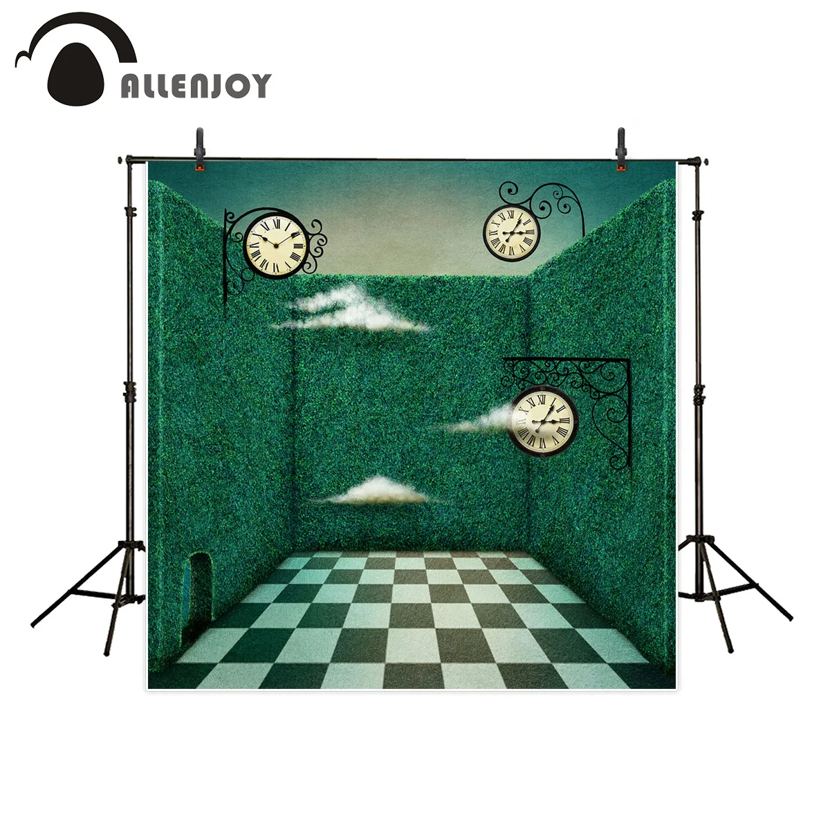 Allenjoy photography backdrop Alice fairy tale style clock cloud plant maze little door black white grid background photo studio |