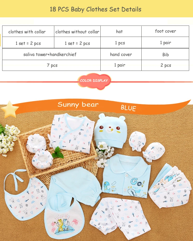 18pcs Newborn Baby Clothes Set 0-6m Female Baby Infant 100% Cotton Boy Girl Suit Cute Cartoon Clothes Hat Bib Gloves Set stylish baby clothing set