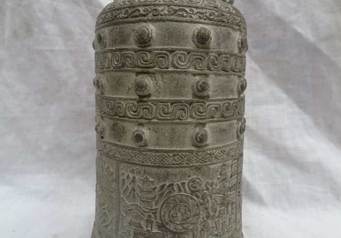 9/" China Bronze Buddhism Auspicious Dragon Head Man Statue Temple Bell