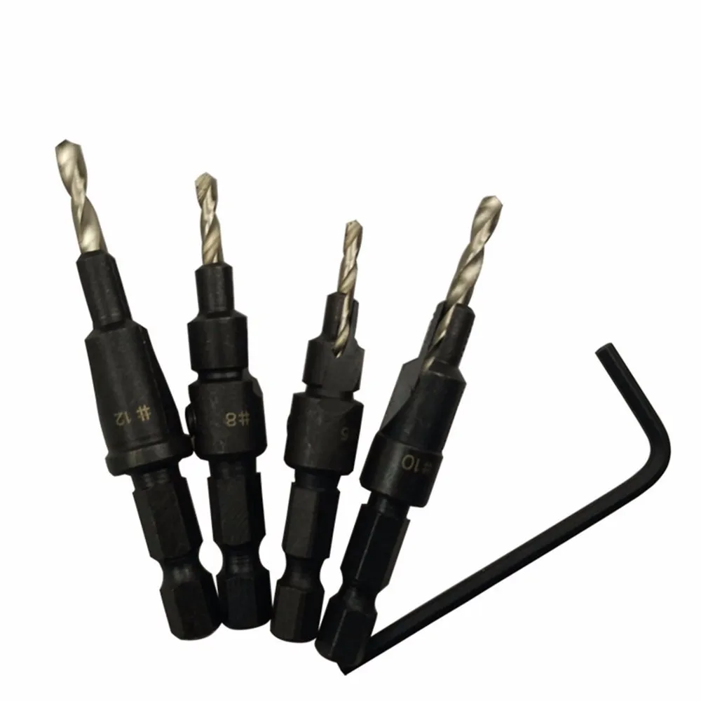 

New 4pcs HSS Countersink Drill Bit Set 1/4" Hex Shank Trim Screw #6 #8 #10 #12 Counter Bore Screw Woodworking Tools