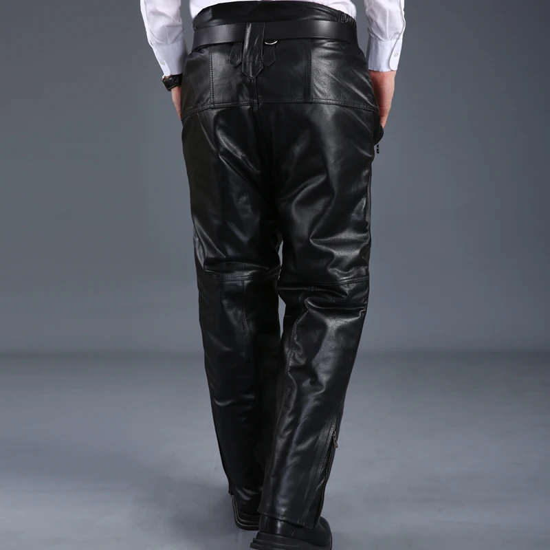 Новинка, модные мужские длинные брюки из натуральной кожи с подкладкой из коровьей кожи, мужские брюки, зимние брюки размера плюс