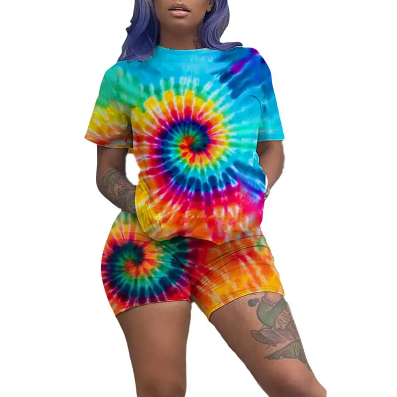 

2019 Summer Print Two Piece Set High Street Tie Dye T Shirt And Shorts Set Festival Clothing Tracksuit Women Matching Sets