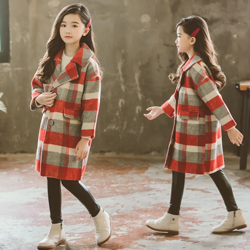 

Children Wool Coats For Girls Thicken Warmer Overcoat Plaid Kids Winter Fashion Wool Jackets 5-15Yrs teens Girl Clothes CA529