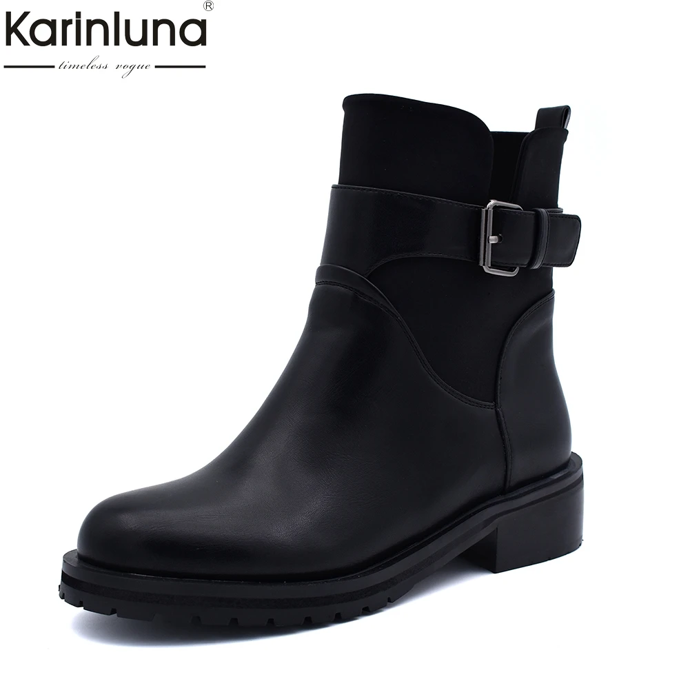 

KarinLuna New Fashion Ankle Boots Comfortable Low Heels Slip On Buckle Women Boots Autumn Winter Plush Shoes Large Size 42
