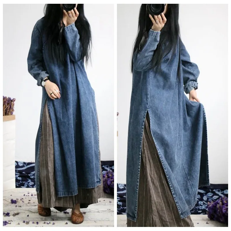 

ASYMSAY Chinese Vintage Style Blue Denim Dress Women Loose Big Size Hem Side Split Round Collar Long Sleeves Dresses AC5674