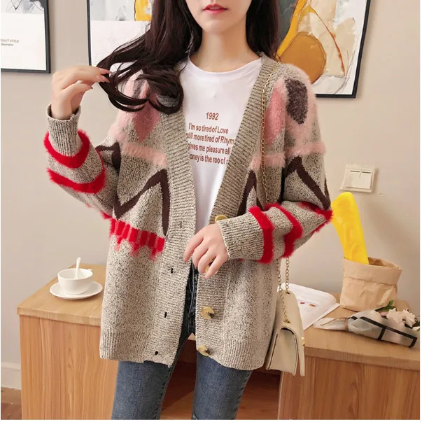 Геометрический женский кардиган однобортный вязаный жакет пальто корейский ленивый свитер зимняя одежда - Цвет: khaki