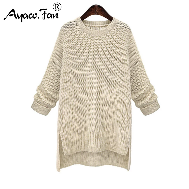 2019 Winter Midi Long Thick Sweaters for Women New Irregular O-Neck Cute Solid Knitted Pullovers Girls Lady Casual Split Sweater