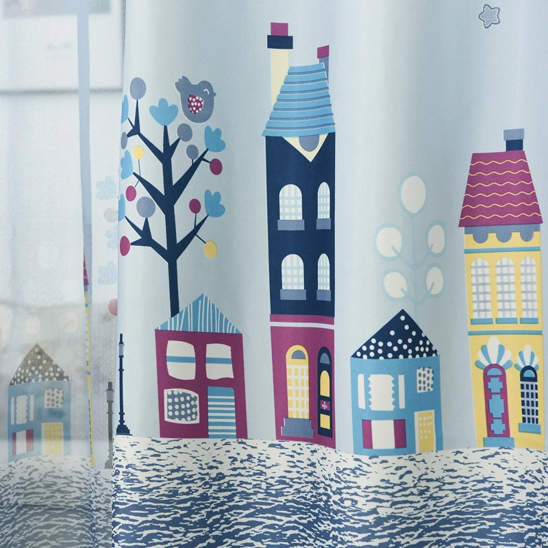 

Cartoon Tree Castle Printed Window Curtains for Children Kids Bedroom Living Room Sheer Window Drapes Blue Color